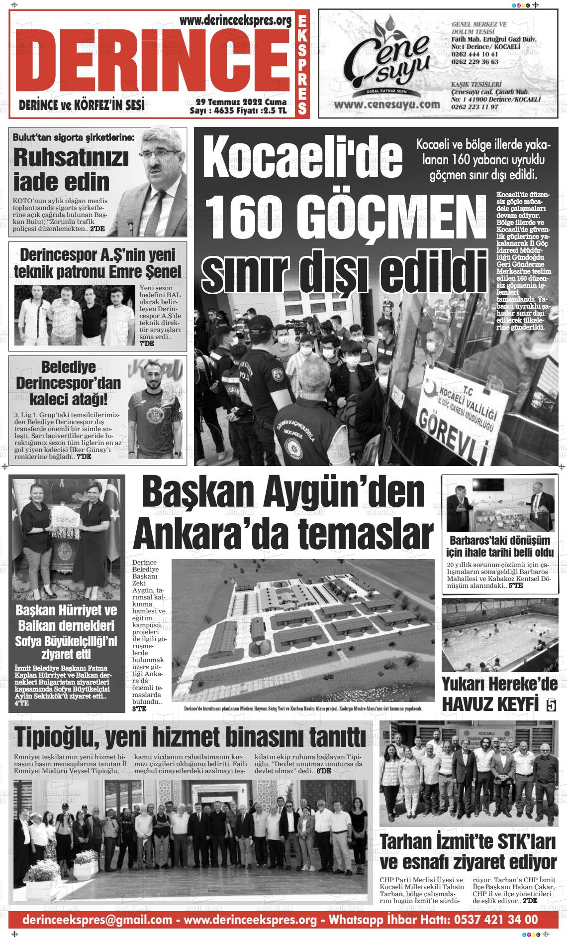 29 Temmuz 2022 Derince Ekspres Gazete Manşeti