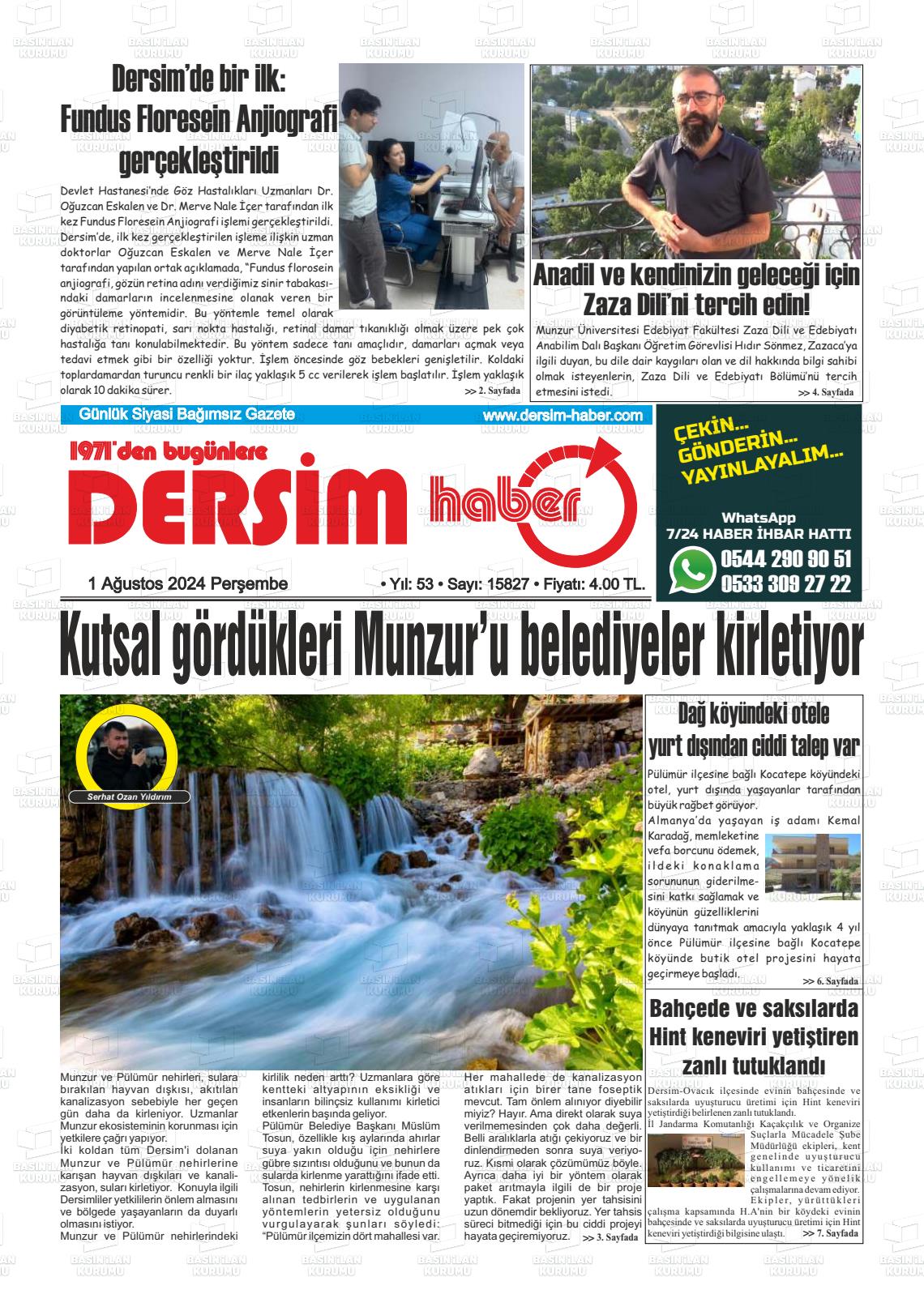 01 Ağustos 2024 DERSİM HABER Gazete Manşeti