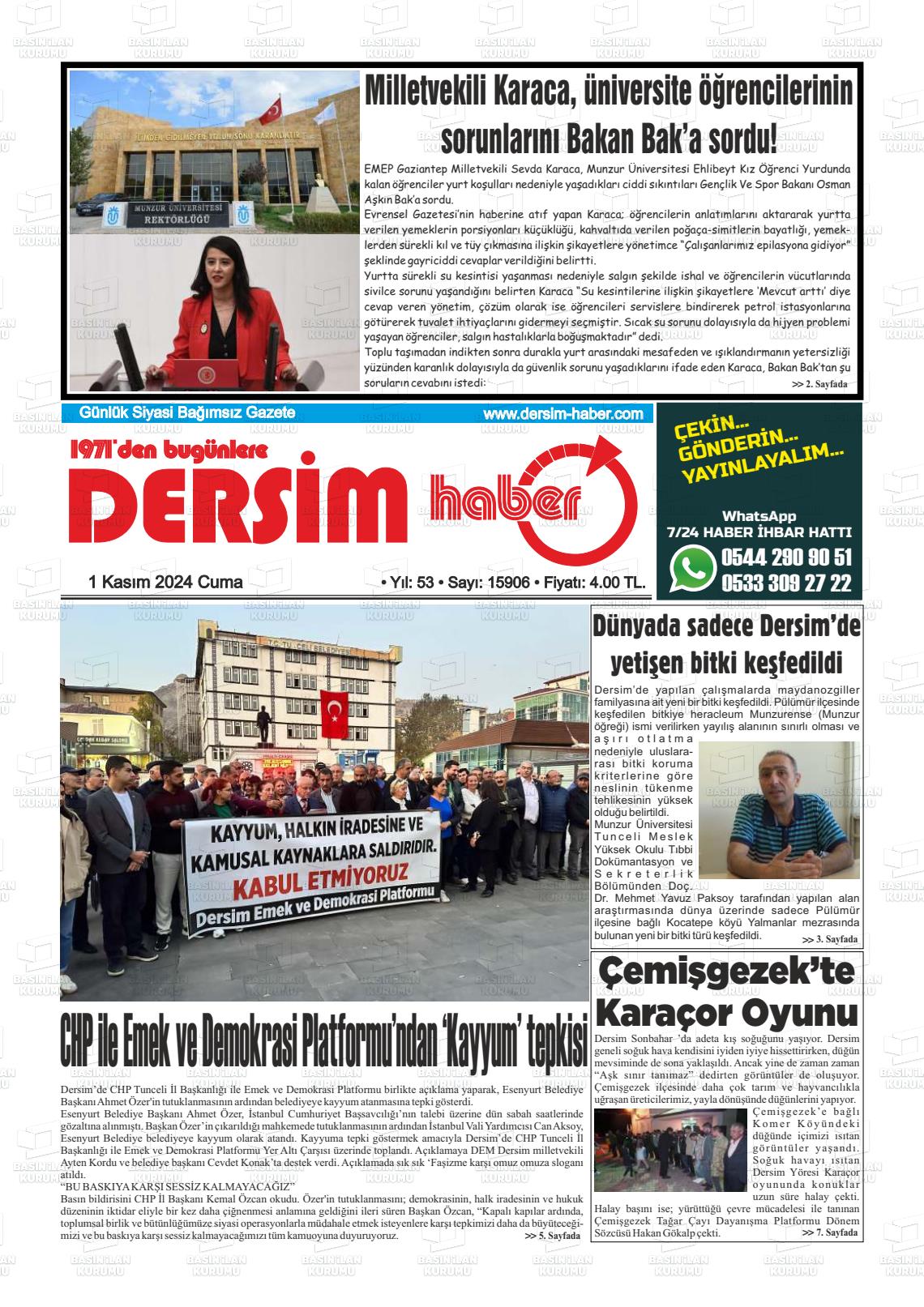 01 Kasım 2024 DERSİM HABER Gazete Manşeti