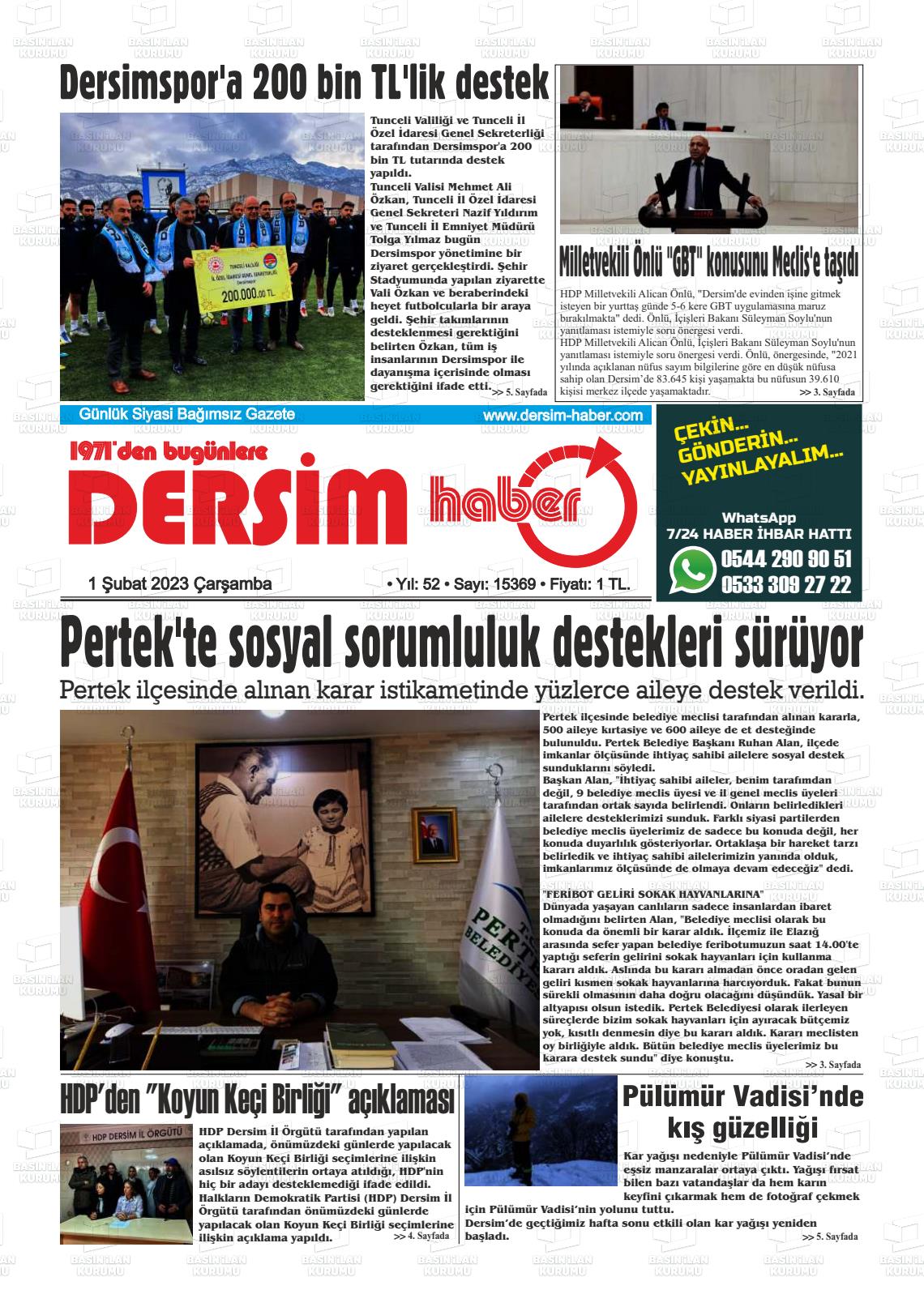 01 Şubat 2023 DERSİM HABER Gazete Manşeti