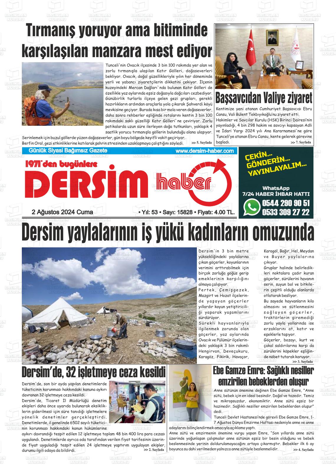 02 Ağustos 2024 DERSİM HABER Gazete Manşeti