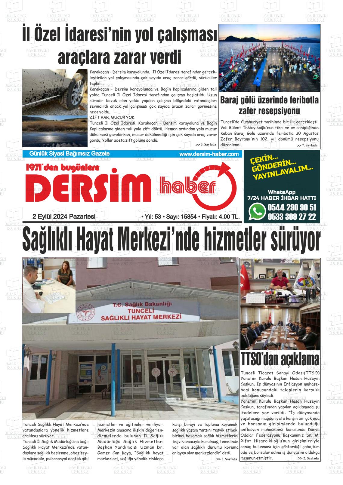 02 Eylül 2024 DERSİM HABER Gazete Manşeti