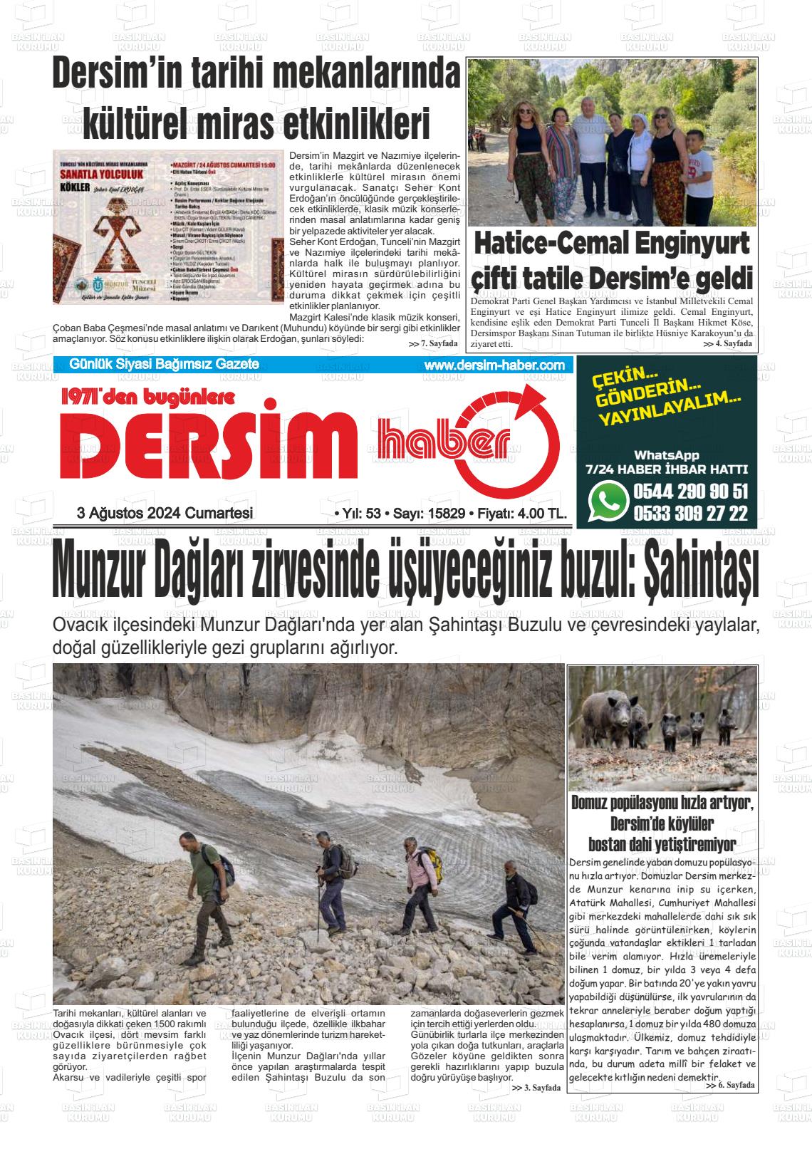 03 Ağustos 2024 DERSİM HABER Gazete Manşeti