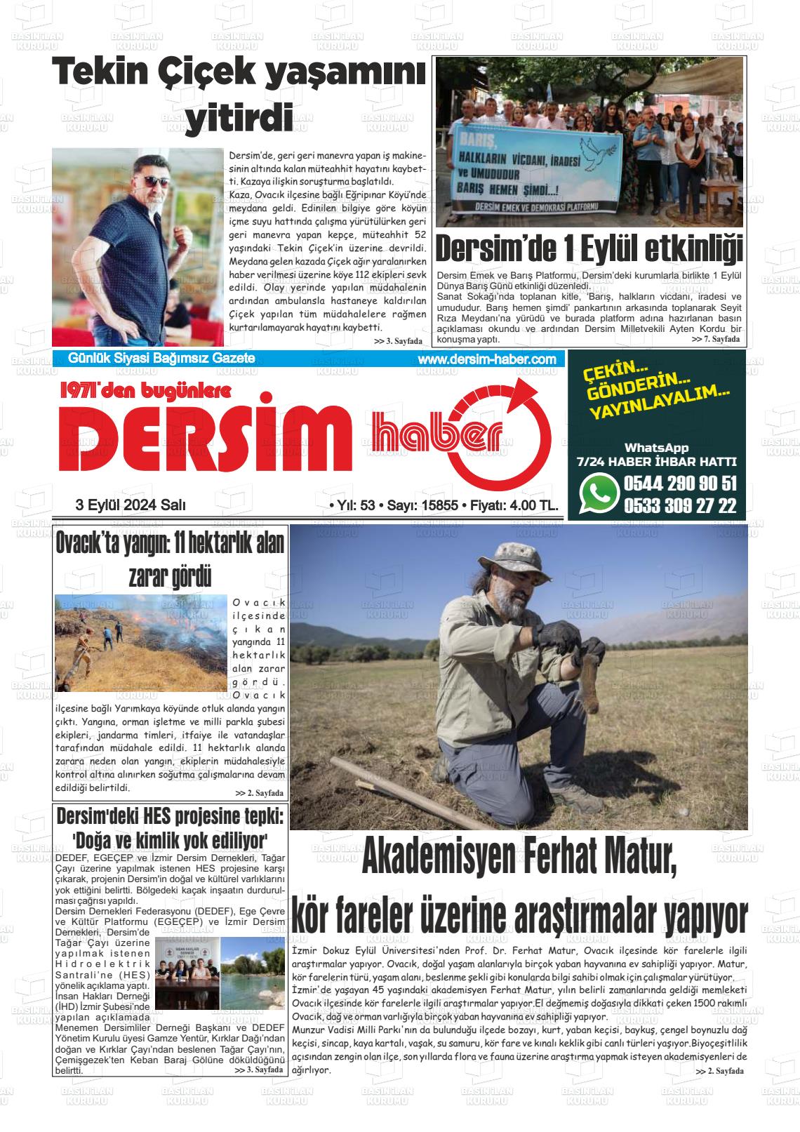 03 Eylül 2024 DERSİM HABER Gazete Manşeti