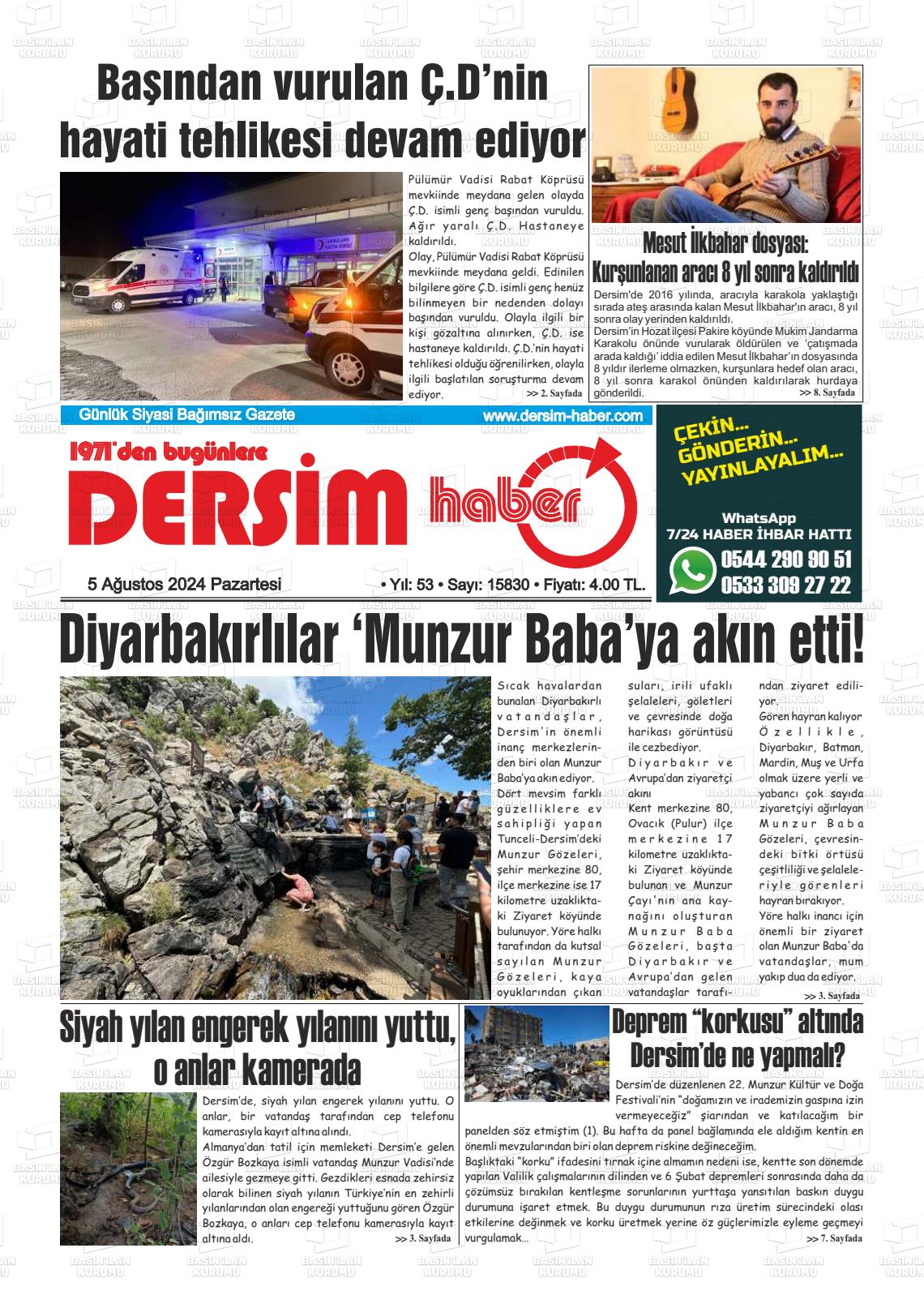 05 Ağustos 2024 DERSİM HABER Gazete Manşeti