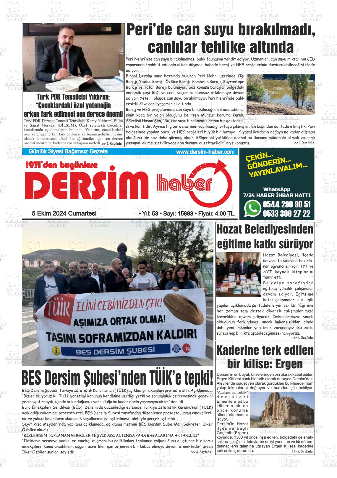 05 Ekim 2024 DERSİM HABER Gazete Manşeti