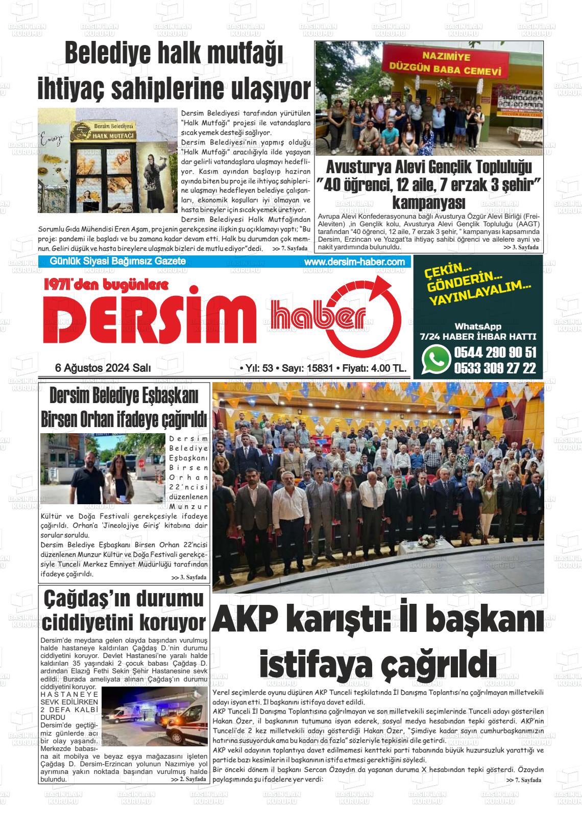 06 Ağustos 2024 DERSİM HABER Gazete Manşeti