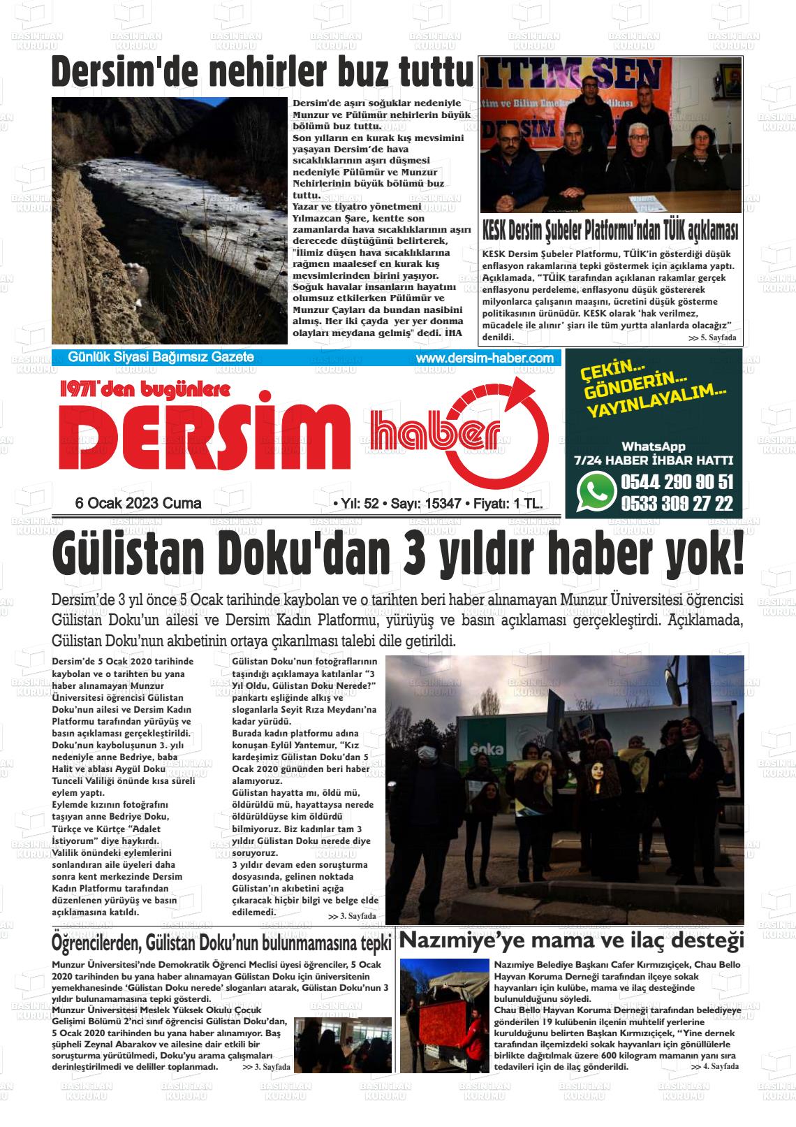 06 Ocak 2023 DERSİM HABER Gazete Manşeti