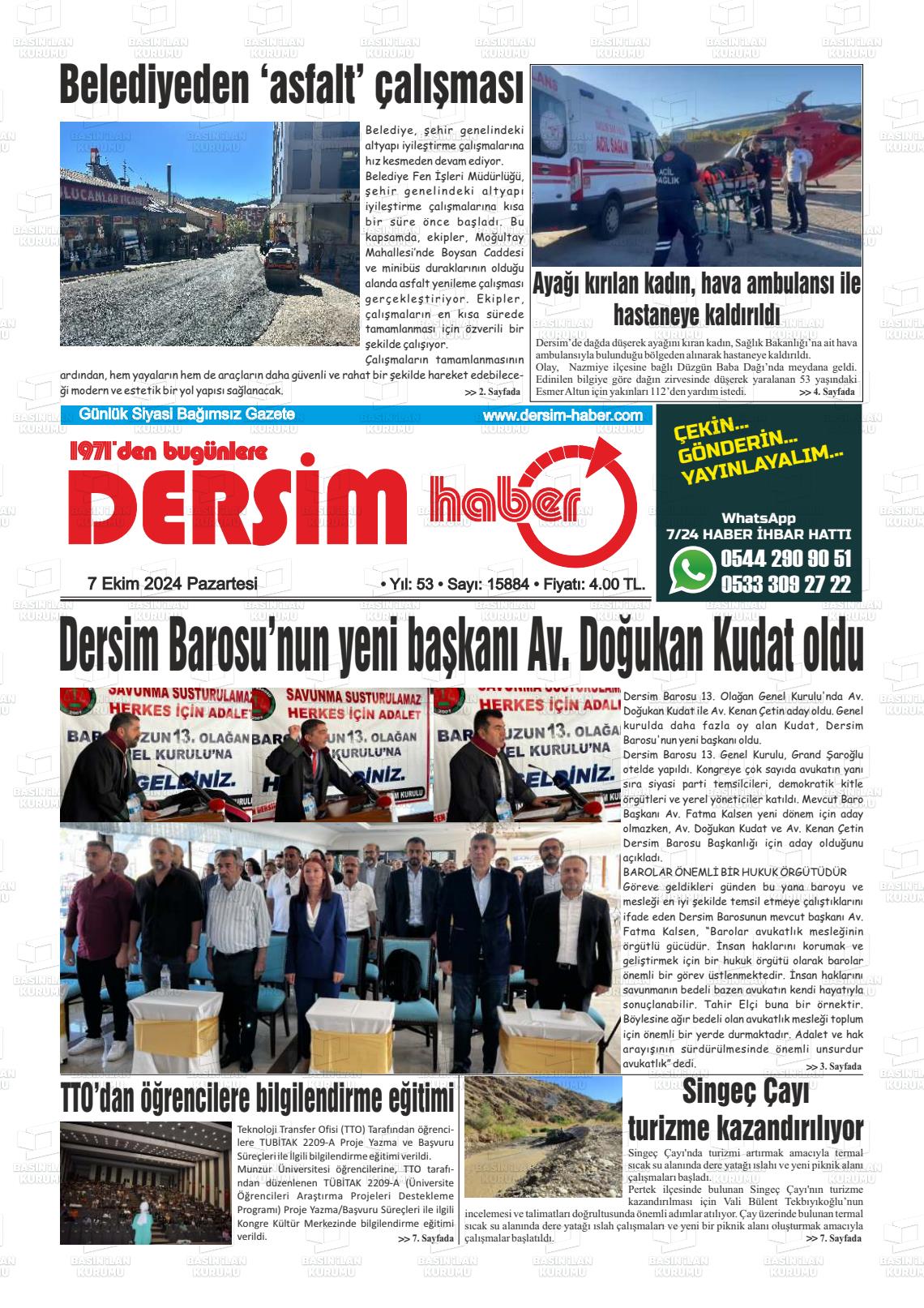 07 Ekim 2024 DERSİM HABER Gazete Manşeti