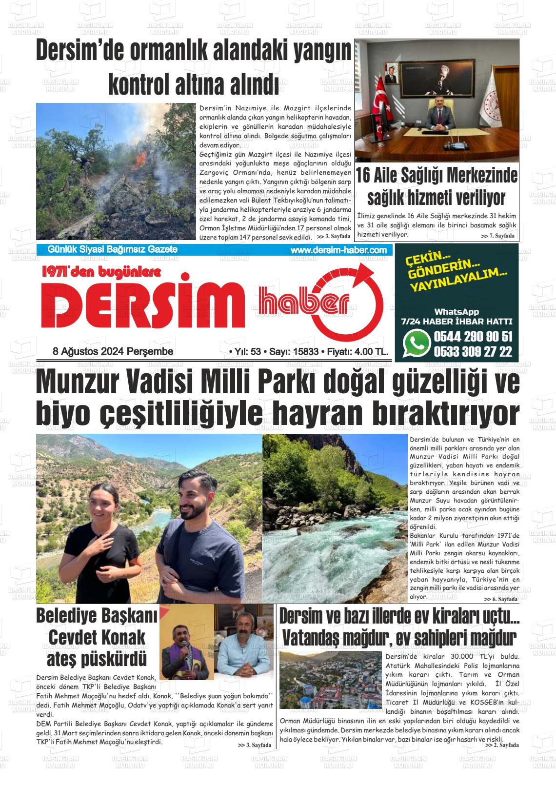 08 Ağustos 2024 DERSİM HABER Gazete Manşeti