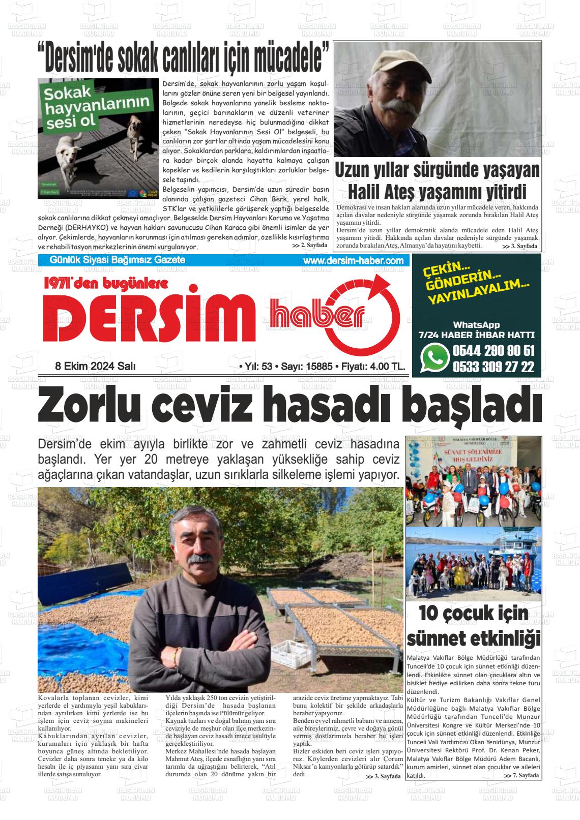 08 Ekim 2024 DERSİM HABER Gazete Manşeti