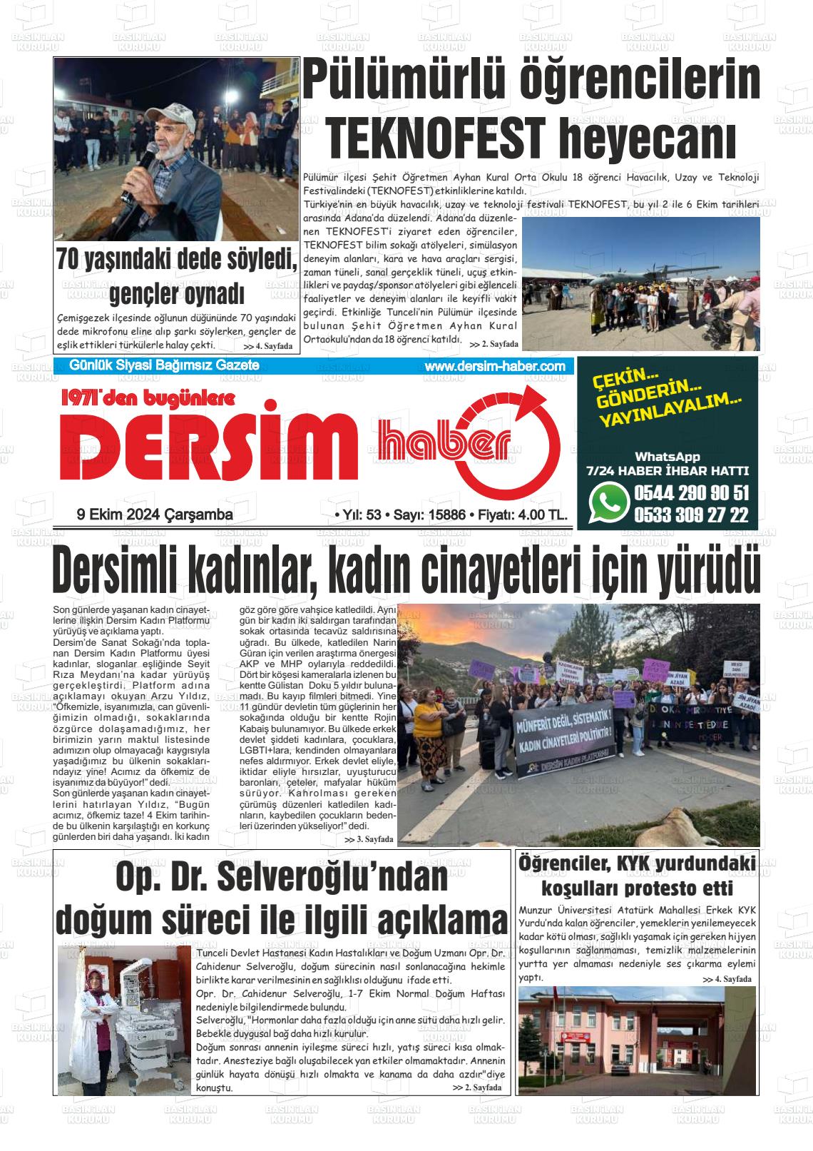 09 Ekim 2024 DERSİM HABER Gazete Manşeti