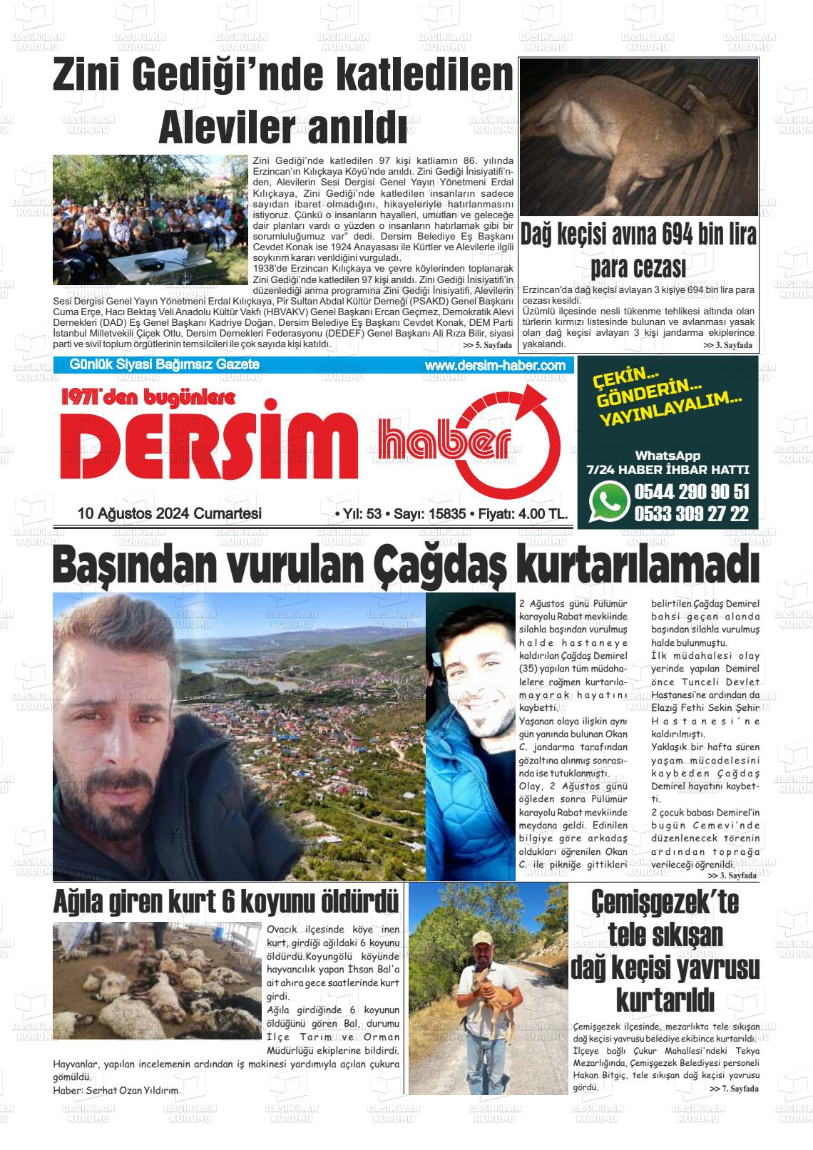 10 Ağustos 2024 DERSİM HABER Gazete Manşeti