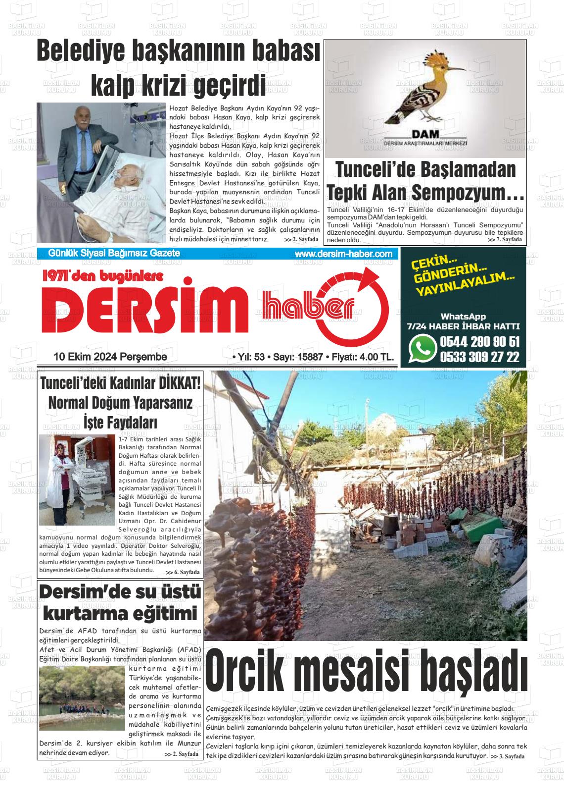 10 Ekim 2024 DERSİM HABER Gazete Manşeti