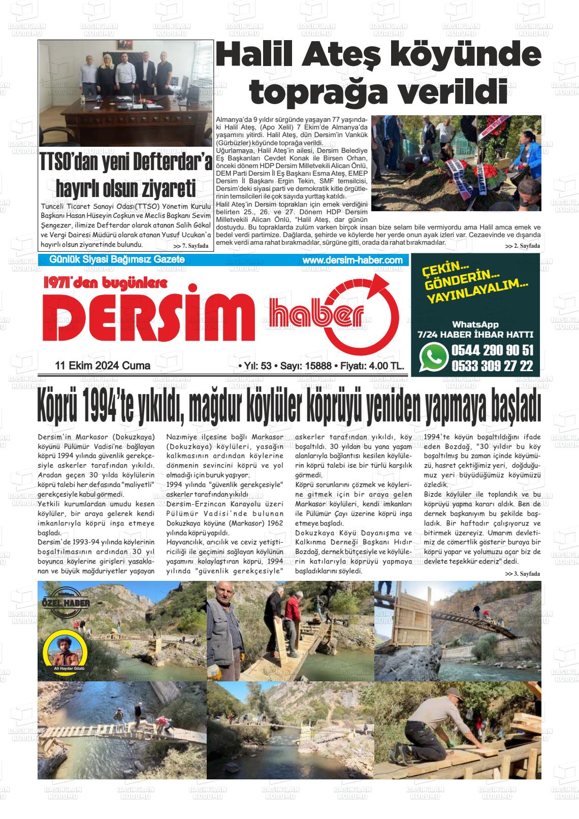 11 Ekim 2024 DERSİM HABER Gazete Manşeti