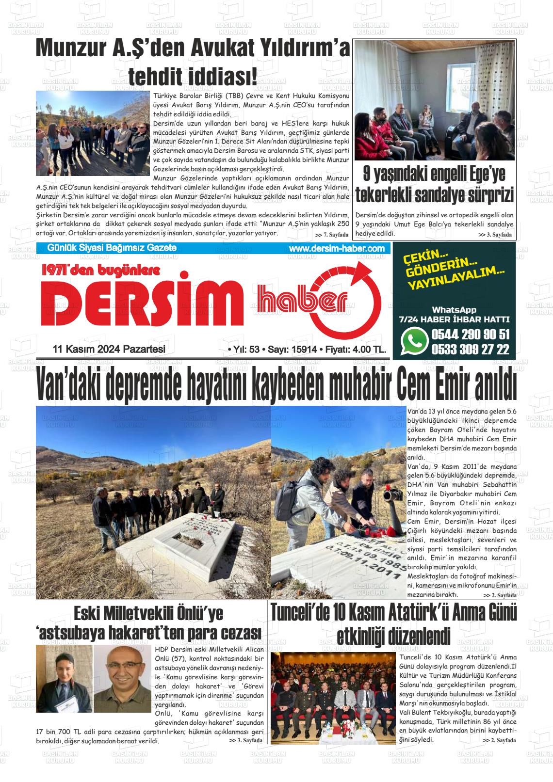 11 Kasım 2024 DERSİM HABER Gazete Manşeti