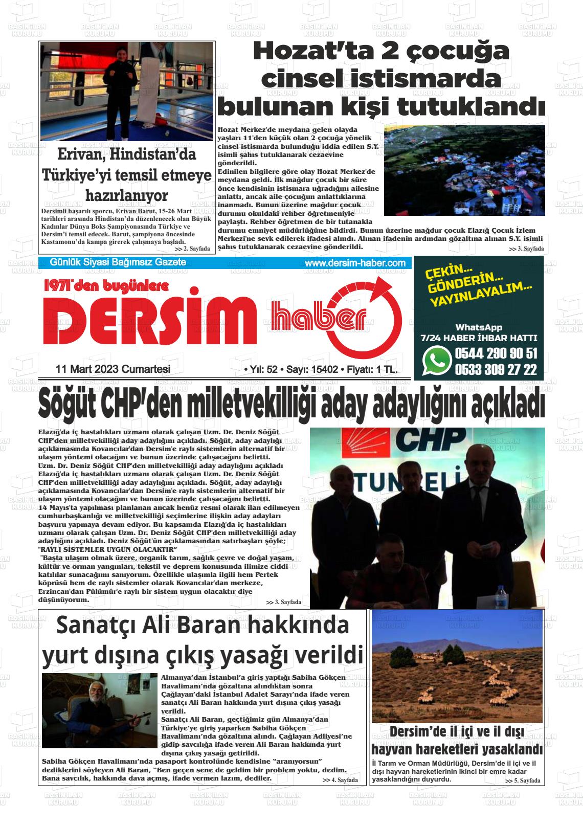 11 Mart 2023 DERSİM HABER Gazete Manşeti