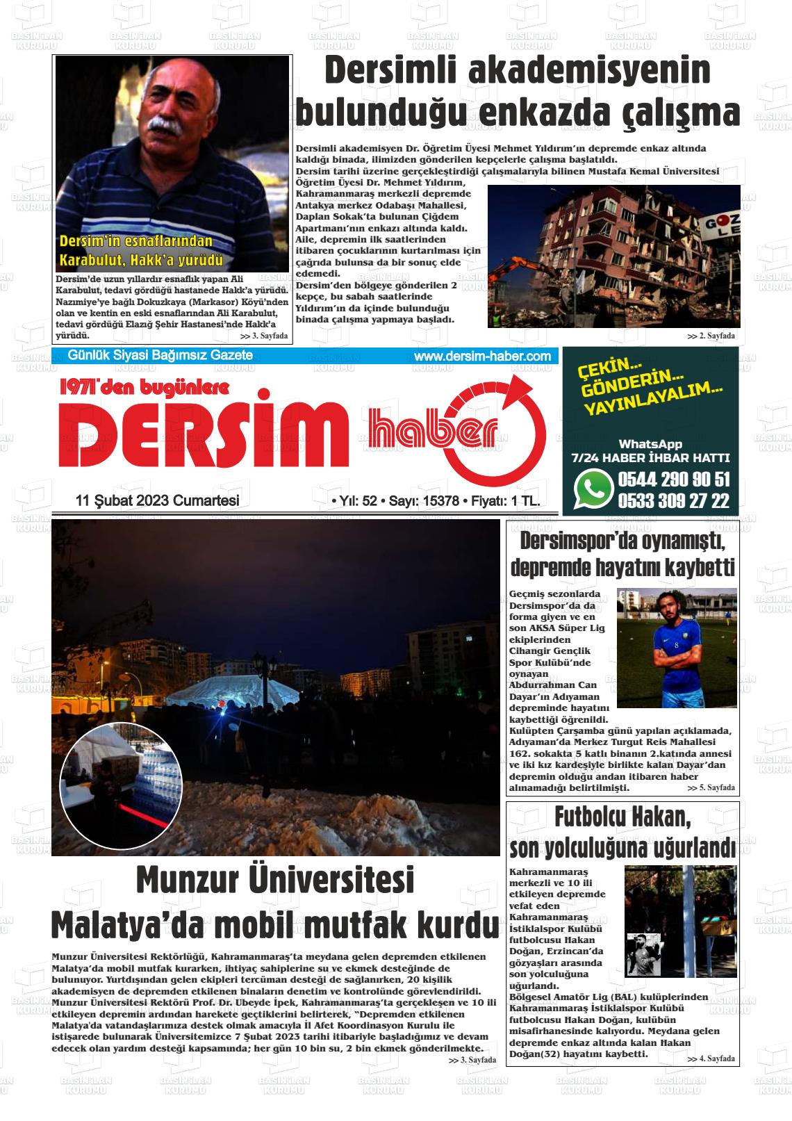 11 Şubat 2023 DERSİM HABER Gazete Manşeti