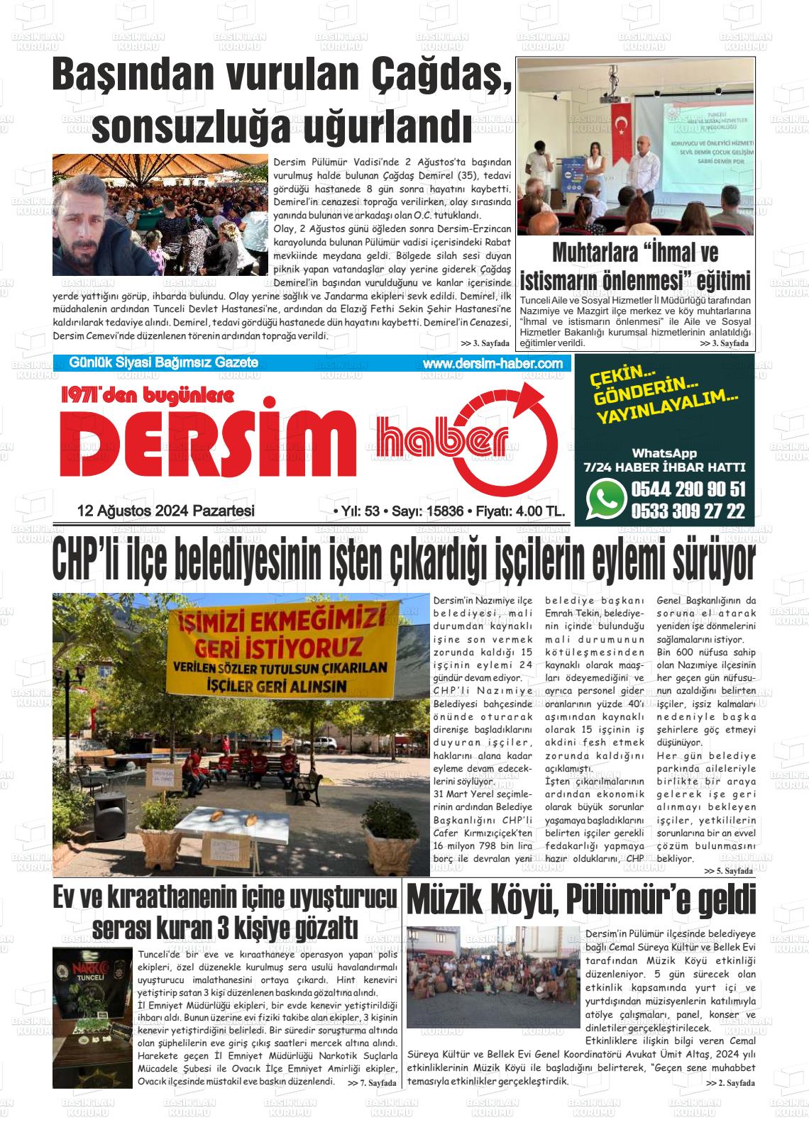 12 Ağustos 2024 DERSİM HABER Gazete Manşeti