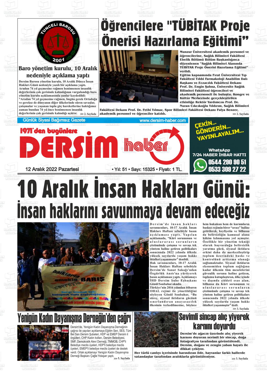 12 Aralık 2022 DERSİM HABER Gazete Manşeti