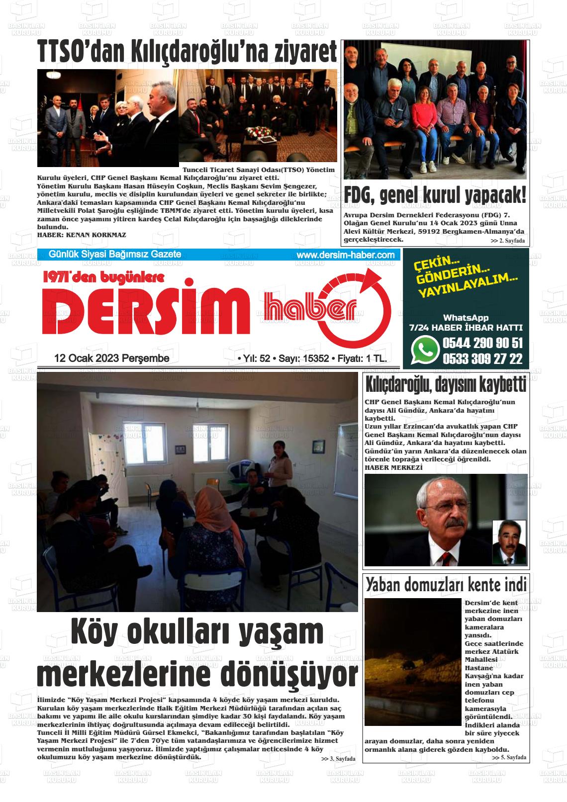 12 Ocak 2023 DERSİM HABER Gazete Manşeti