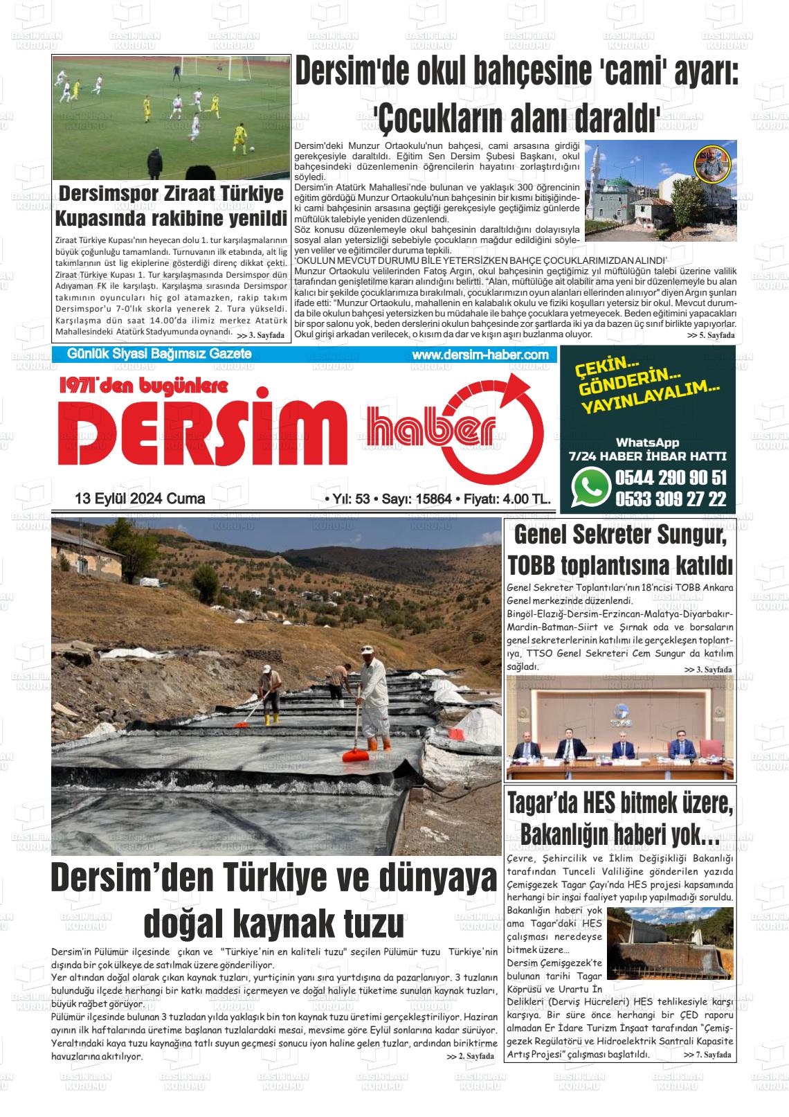 13 Eylül 2024 DERSİM HABER Gazete Manşeti