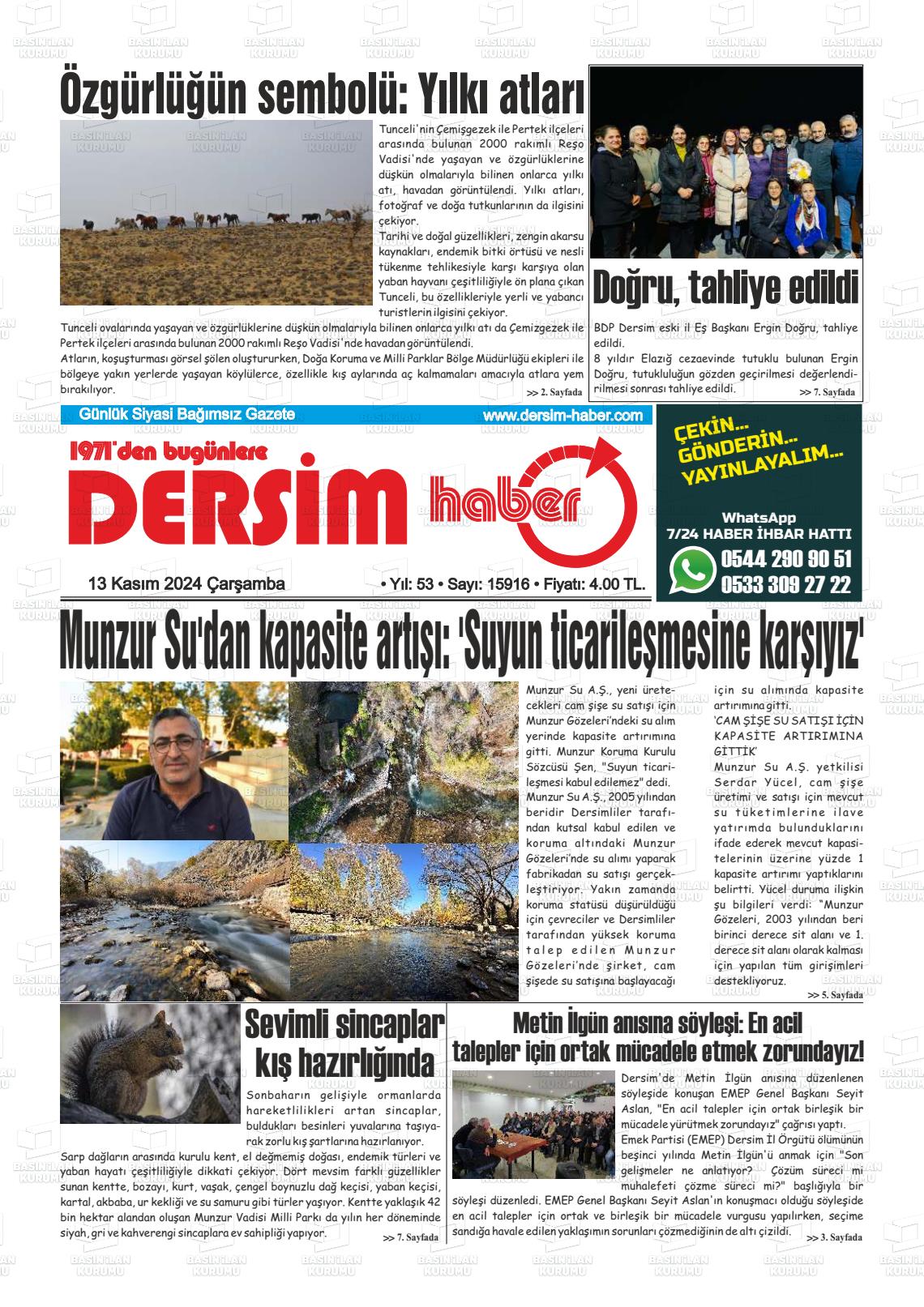 13 Kasım 2024 DERSİM HABER Gazete Manşeti