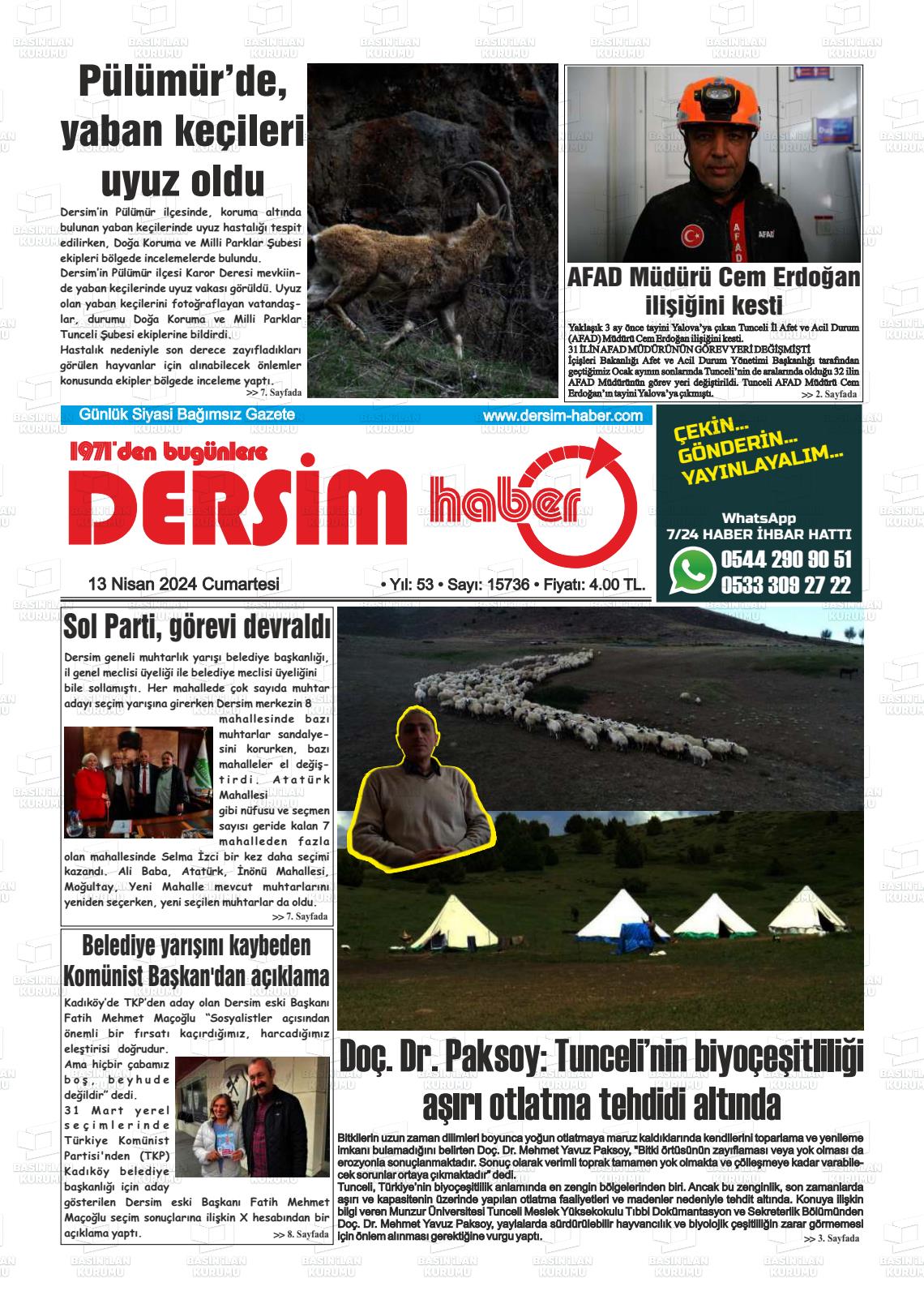 13 Nisan 2024 DERSİM HABER Gazete Manşeti