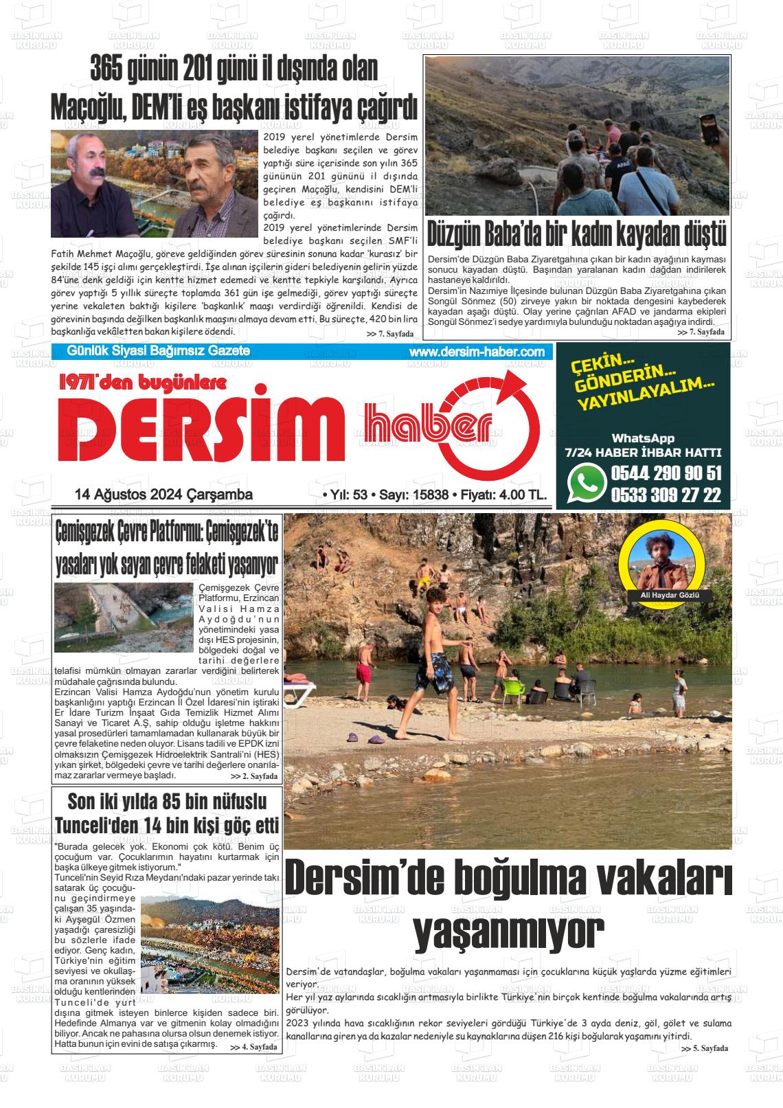 14 Ağustos 2024 DERSİM HABER Gazete Manşeti