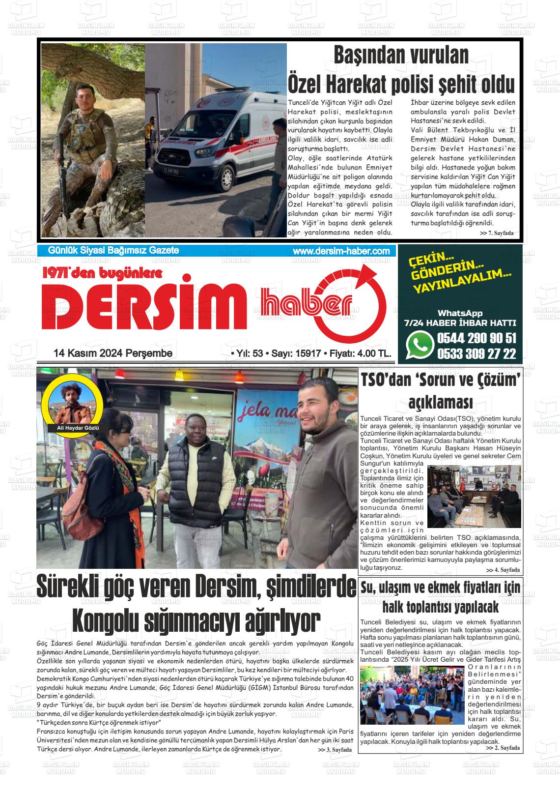 14 Kasım 2024 DERSİM HABER Gazete Manşeti