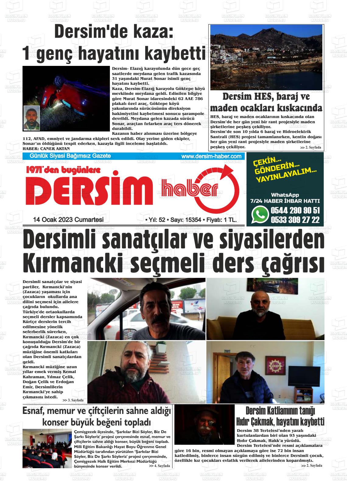 14 Ocak 2023 DERSİM HABER Gazete Manşeti