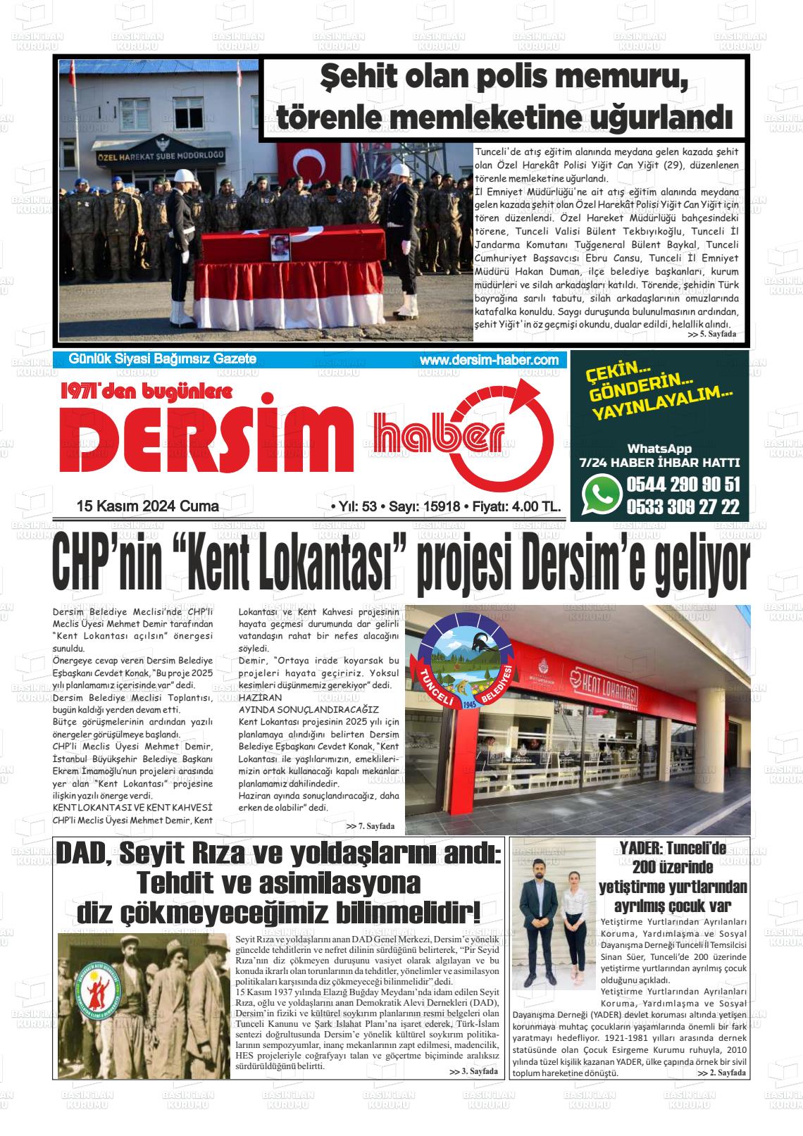 15 Kasım 2024 DERSİM HABER Gazete Manşeti