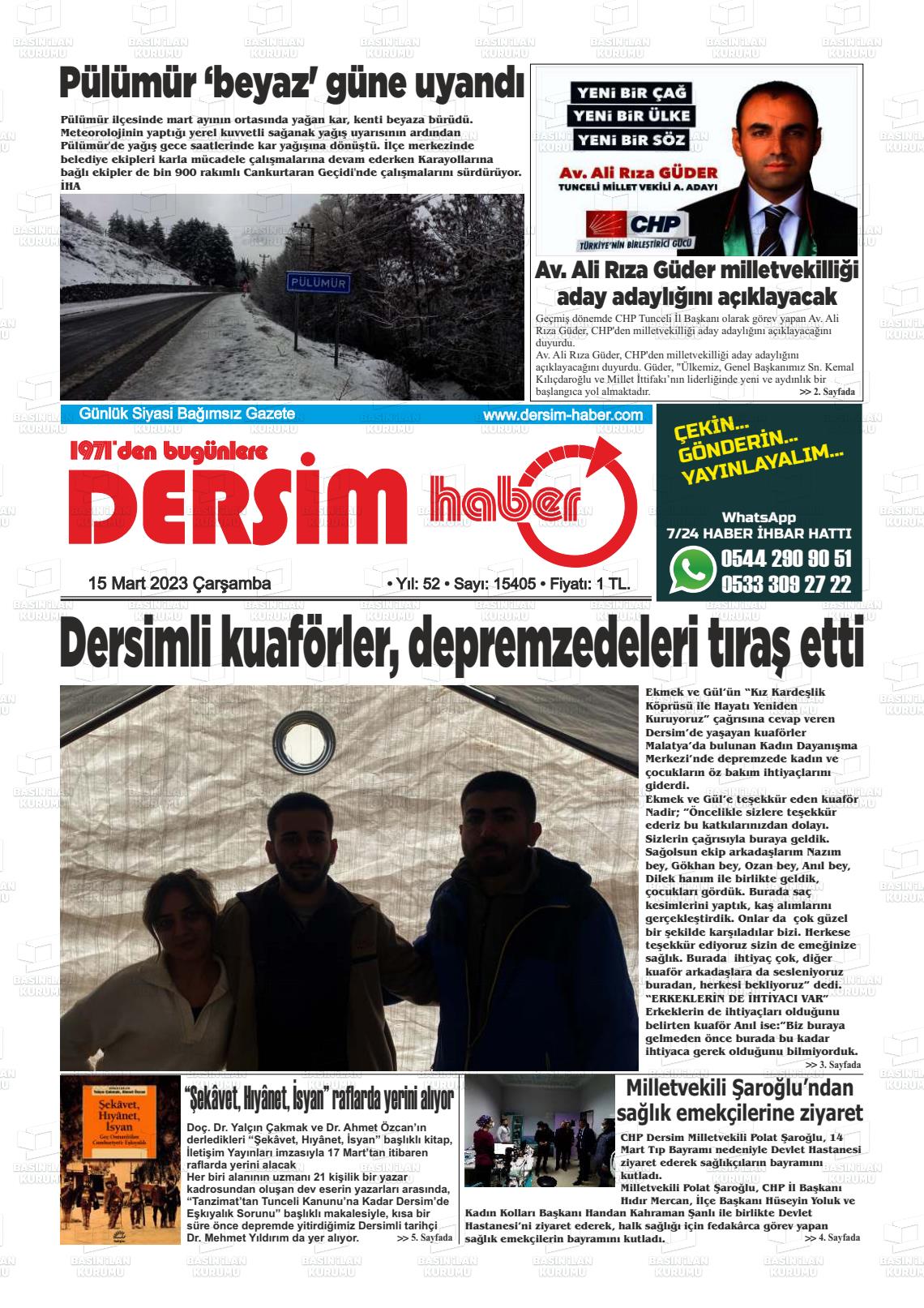 15 Mart 2023 DERSİM HABER Gazete Manşeti