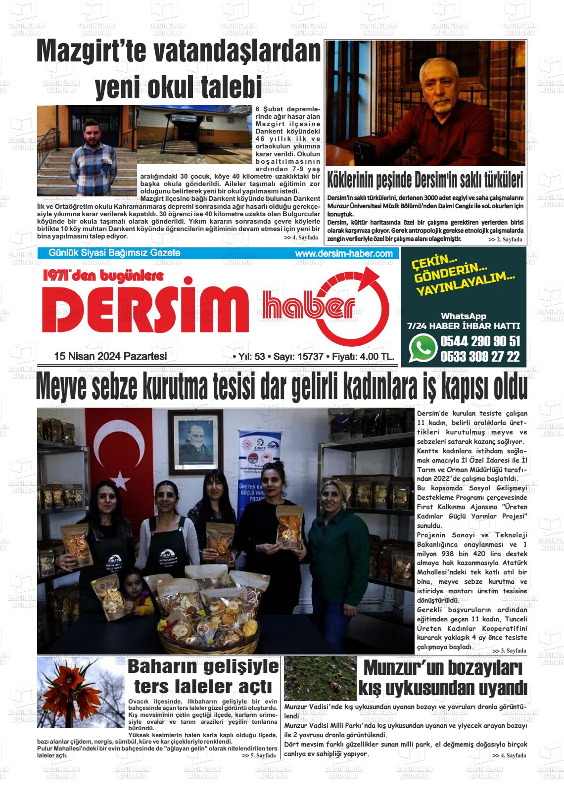 15 Nisan 2024 DERSİM HABER Gazete Manşeti