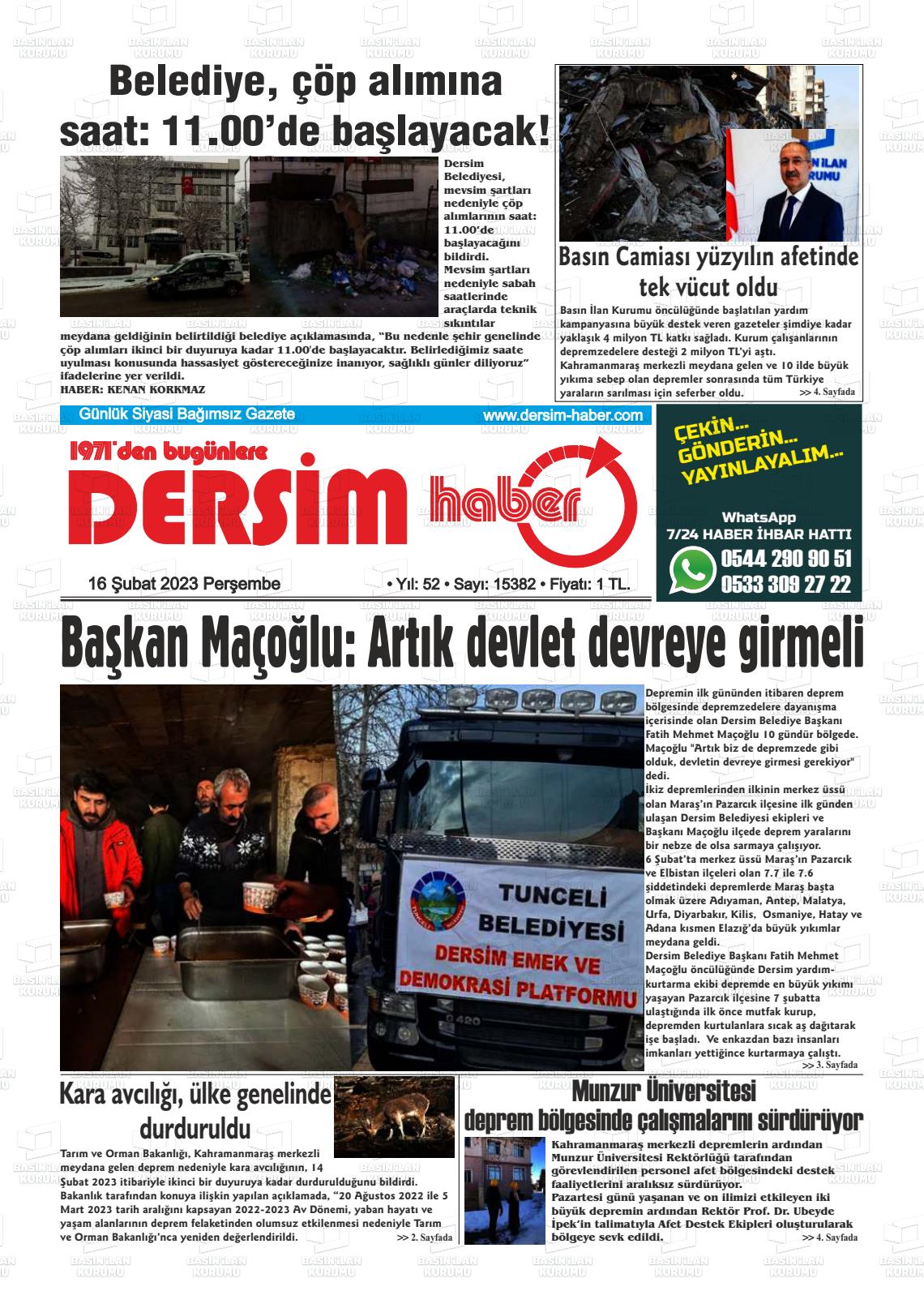 16 Şubat 2023 DERSİM HABER Gazete Manşeti