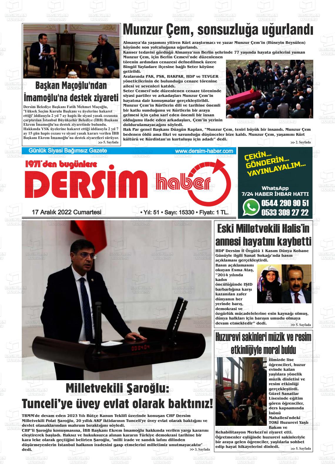 17 Aralık 2022 DERSİM HABER Gazete Manşeti