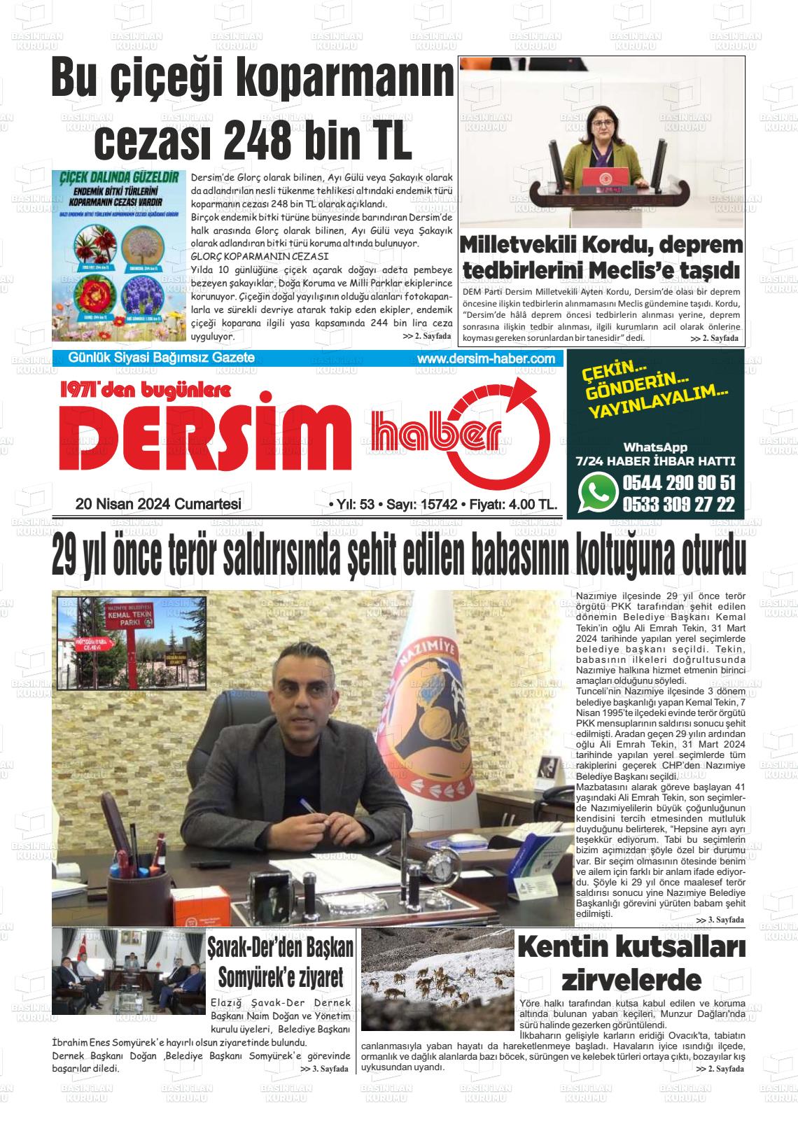 20 Nisan 2024 DERSİM HABER Gazete Manşeti