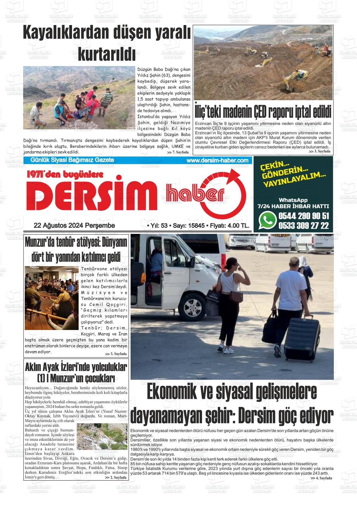 22 Ağustos 2024 DERSİM HABER Gazete Manşeti