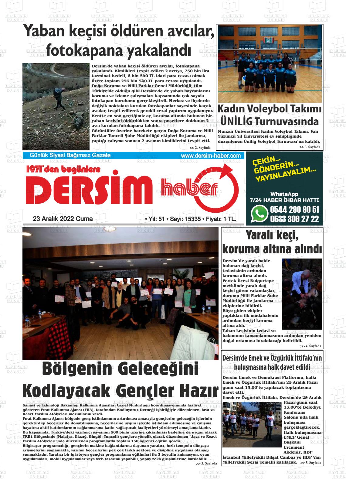 23 Aralık 2022 DERSİM HABER Gazete Manşeti