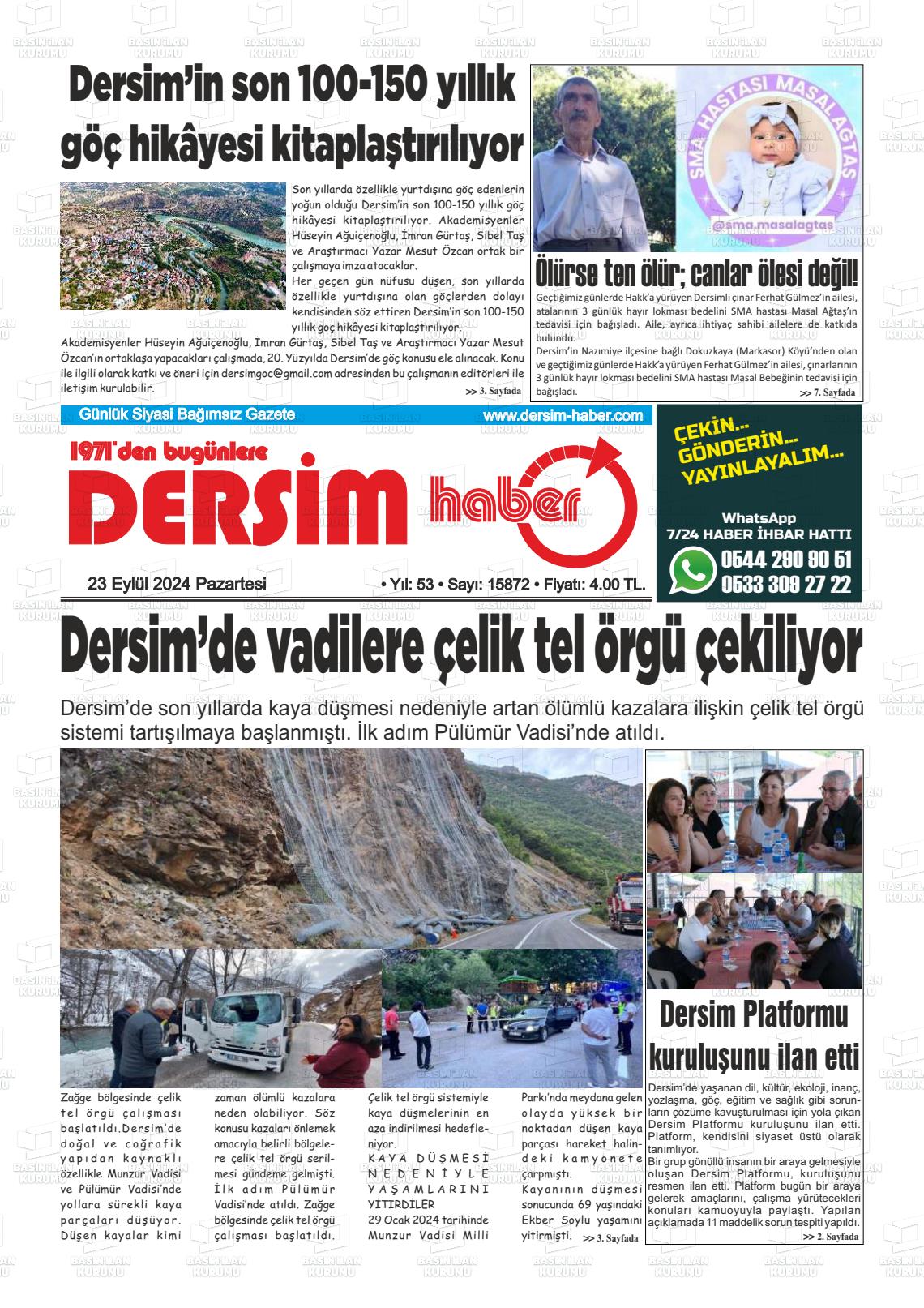 23 Eylül 2024 DERSİM HABER Gazete Manşeti