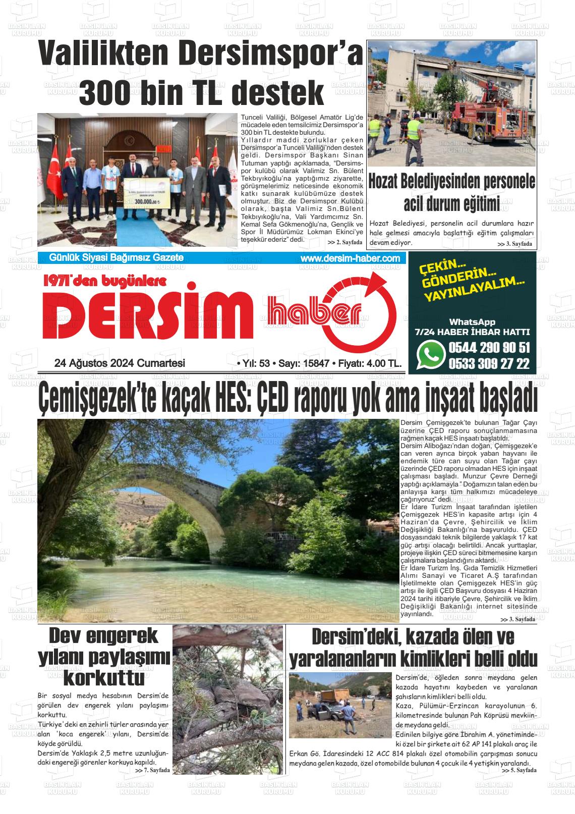 24 Ağustos 2024 DERSİM HABER Gazete Manşeti