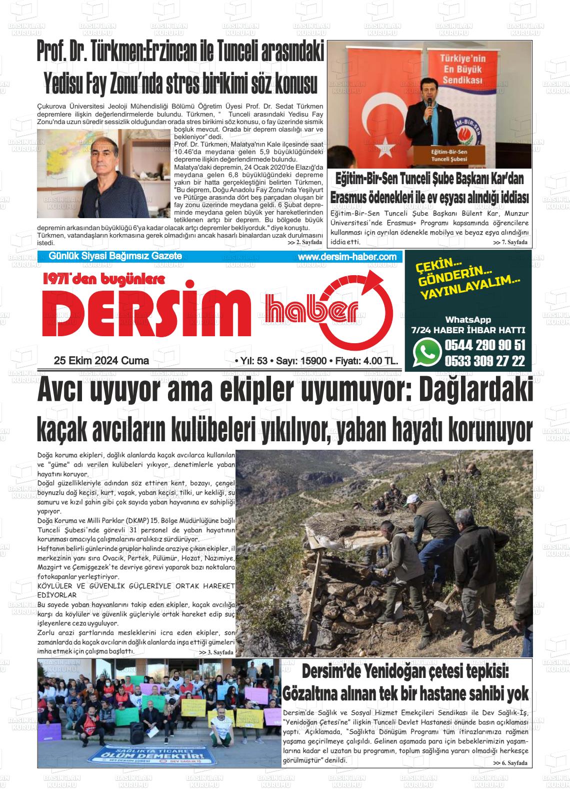 25 Ekim 2024 DERSİM HABER Gazete Manşeti