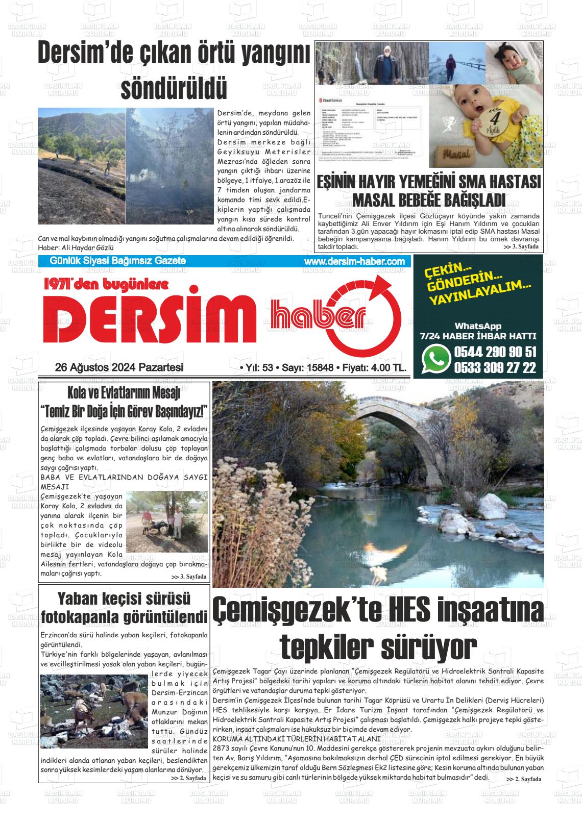 26 Ağustos 2024 DERSİM HABER Gazete Manşeti