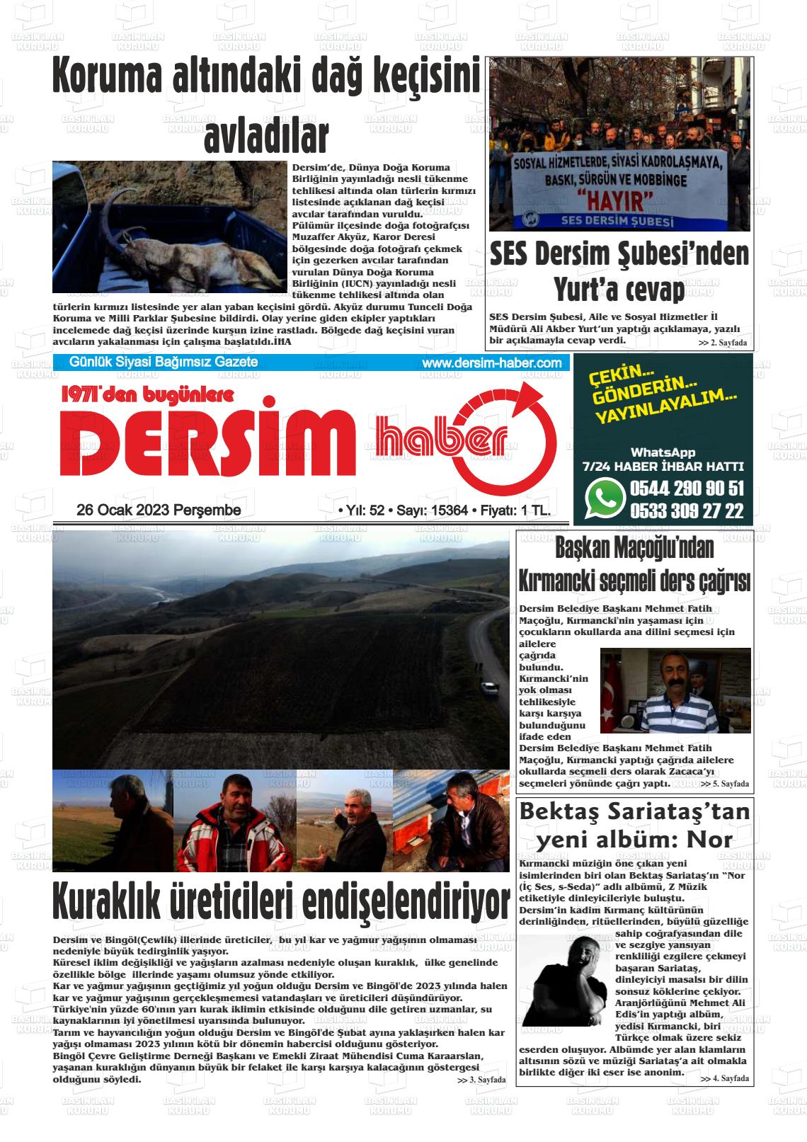 26 Ocak 2023 DERSİM HABER Gazete Manşeti