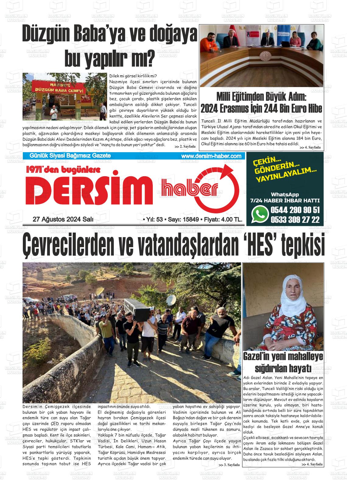 27 Ağustos 2024 DERSİM HABER Gazete Manşeti