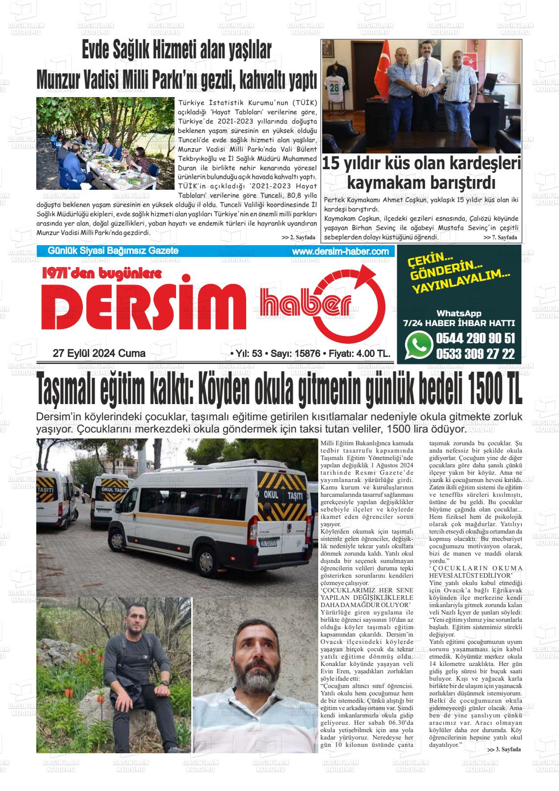 27 Eylül 2024 DERSİM HABER Gazete Manşeti