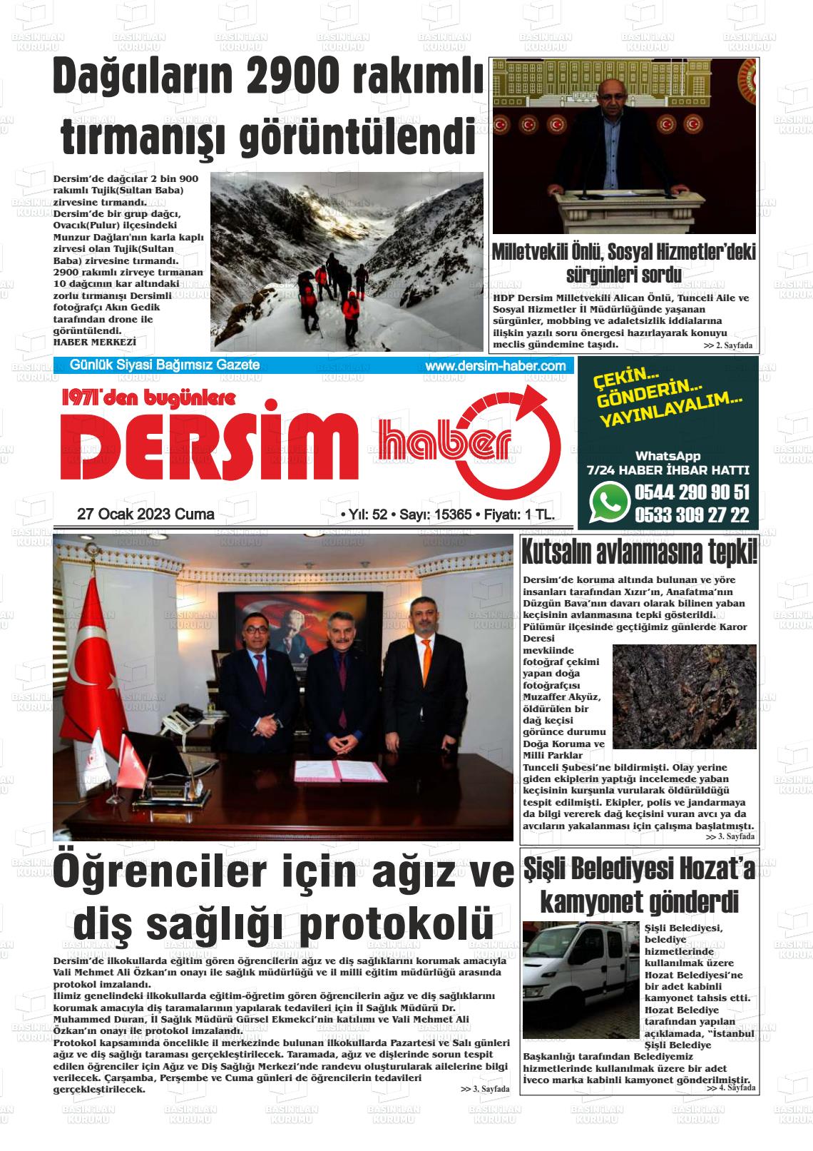 27 Ocak 2023 DERSİM HABER Gazete Manşeti