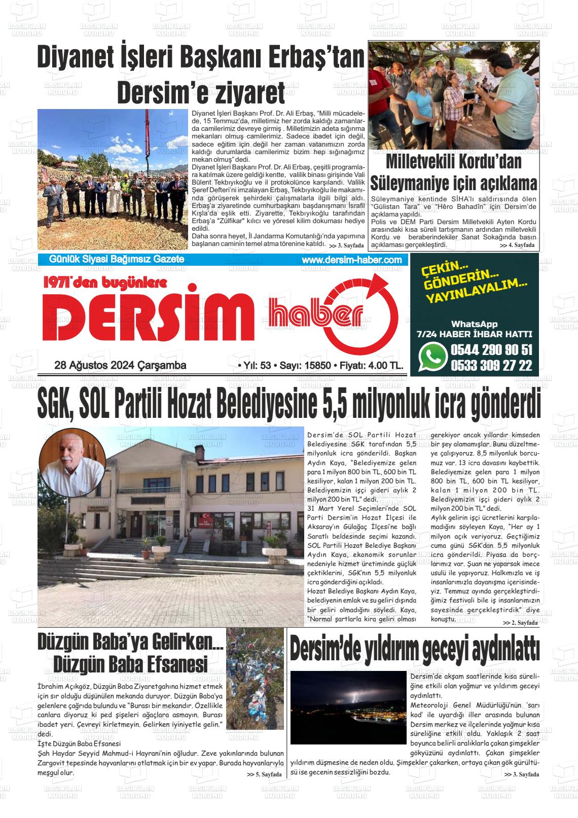 28 Ağustos 2024 DERSİM HABER Gazete Manşeti