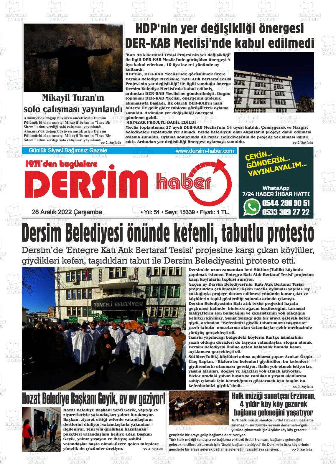 28 Aralık 2022 DERSİM HABER Gazete Manşeti