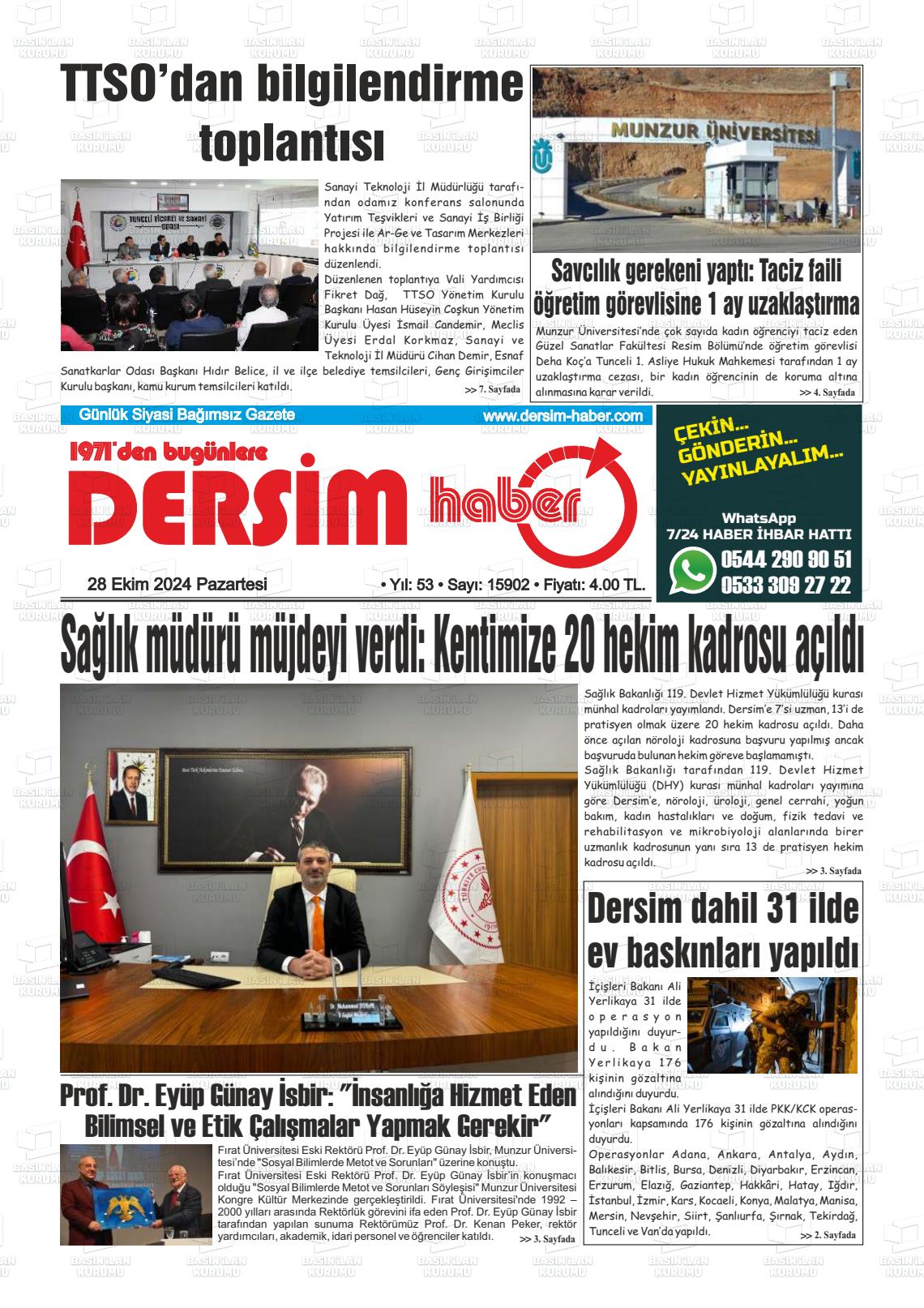 28 Ekim 2024 DERSİM HABER Gazete Manşeti